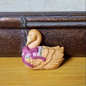 Vintage Swan Refrigerator Magnet Purple Bow Pink Flowers Cottagecore Figural